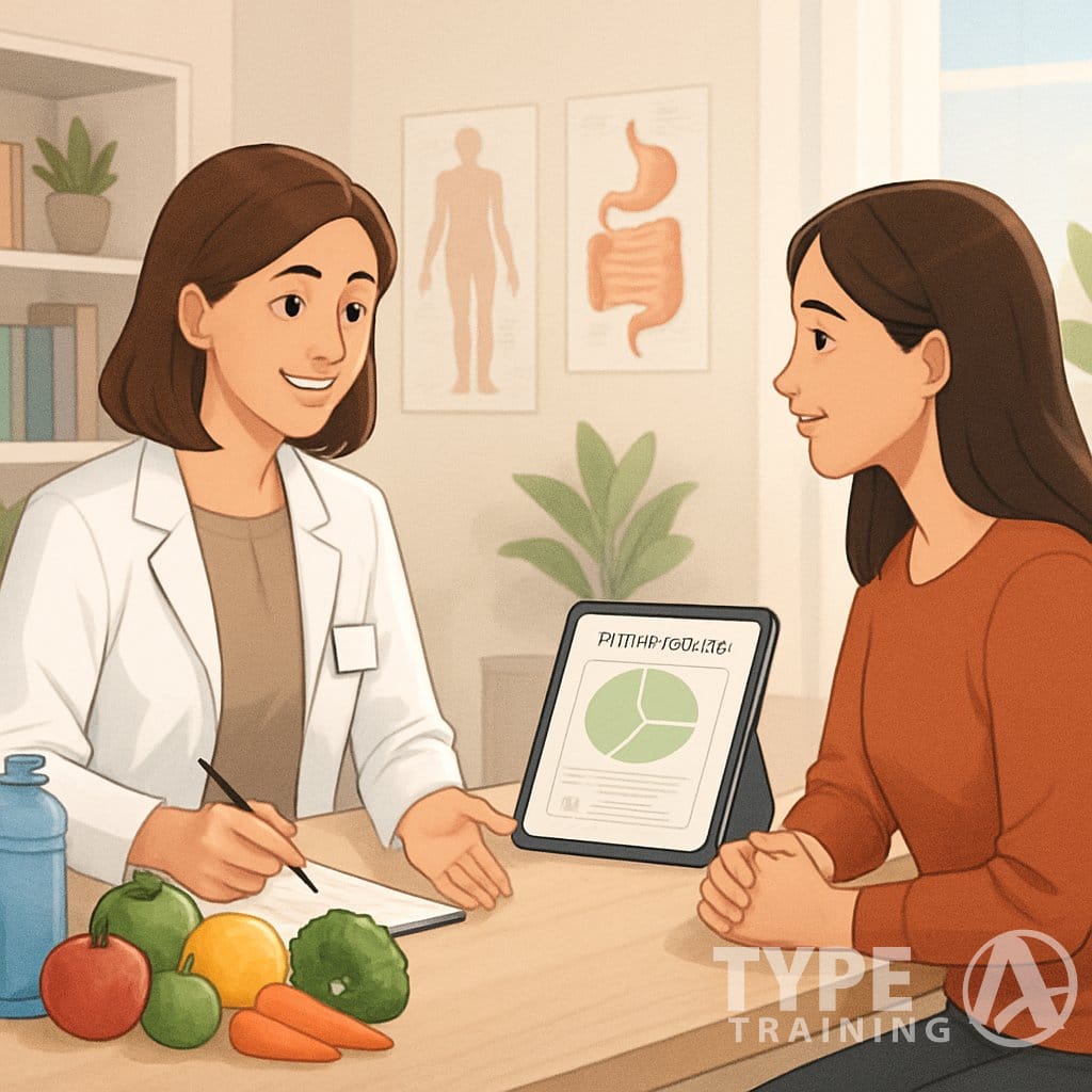 A nutrition professional and a client sitting across a desk in a bright office with healthy food models and anatomical charts, engaging in a coaching session.