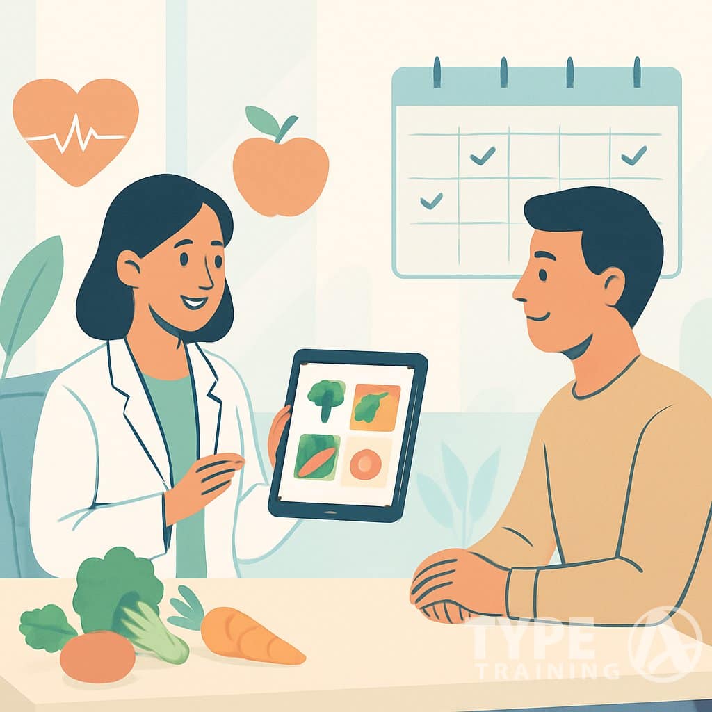 A healthcare professional consulting with a patient, surrounded by symbols of healthy eating and regular follow-ups in a bright clinic.