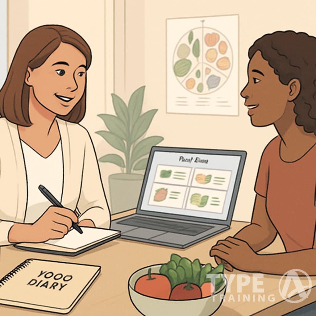 A nutrition coach and client sitting at a desk with nutrition materials and fresh fruits, engaged in a friendly conversation.