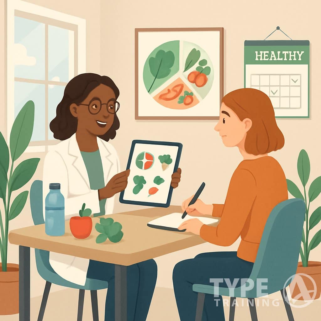 A nutrition coach and client sitting at a desk in a bright office, discussing healthy eating with fruits, vegetables, and charts nearby.