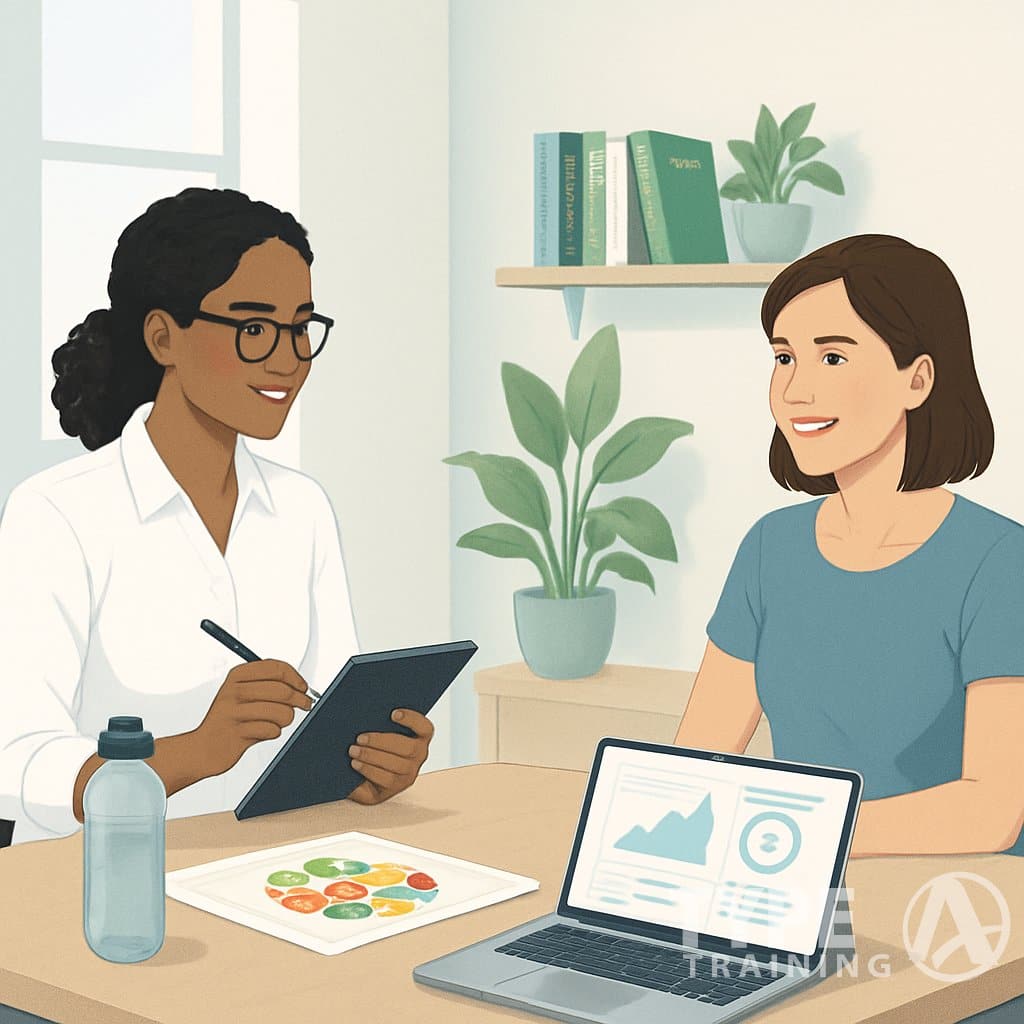 A nutrition coach and client sitting at a desk during a first coaching session, with healthy food charts and a laptop in a bright office.