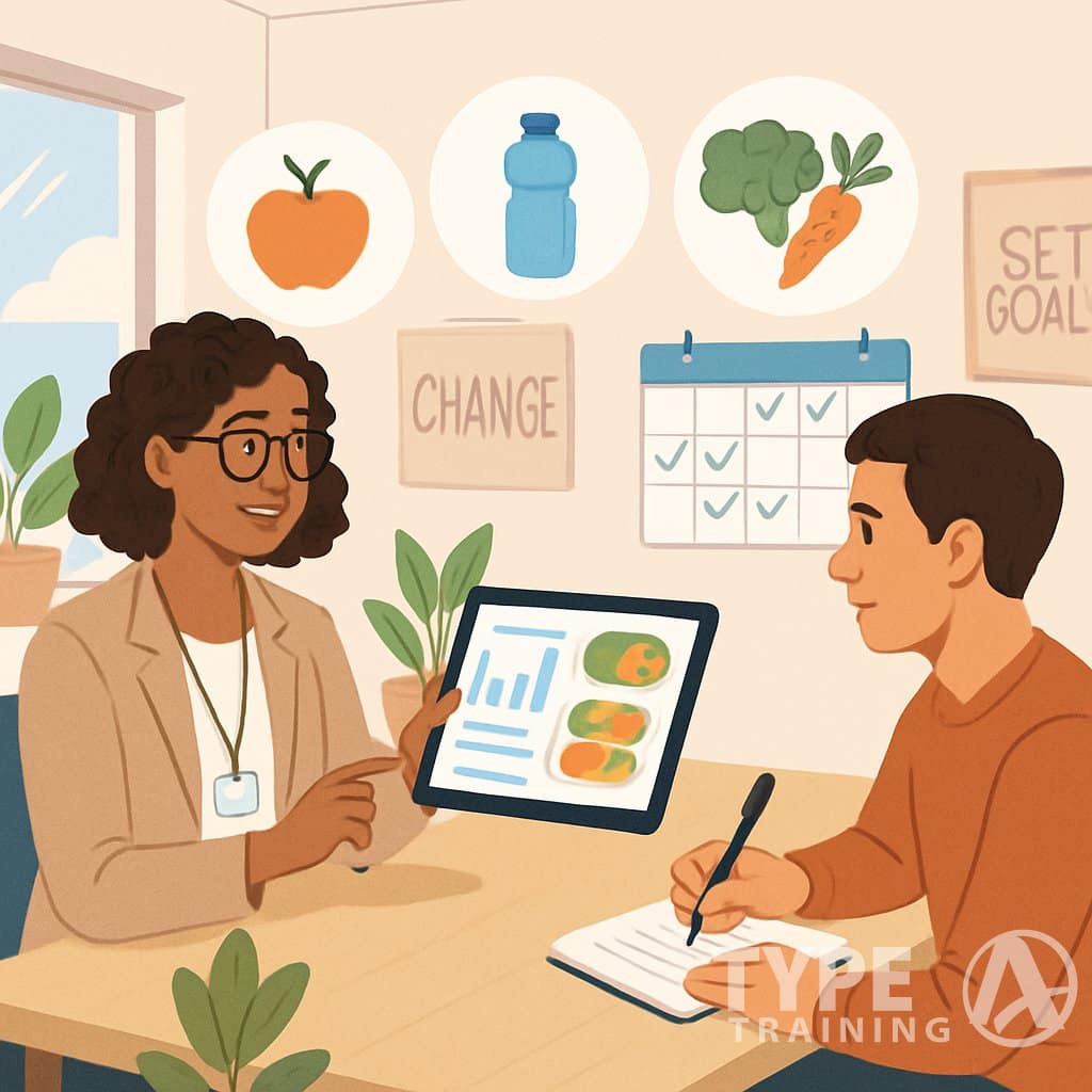 A nutrition coach and client sitting at a table discussing healthy habits and action plans in a bright office.