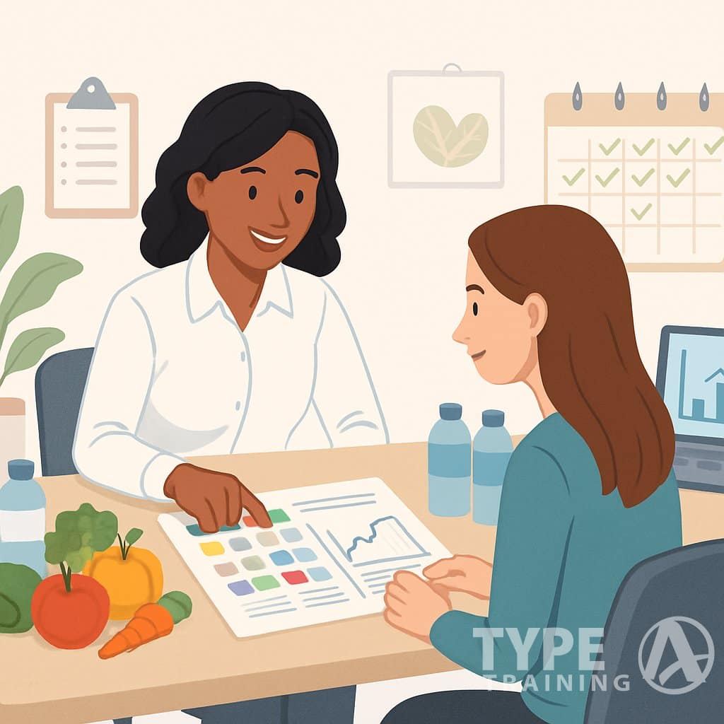 A nutrition coach and client sitting at a table reviewing a meal plan and progress chart with healthy foods and a calendar nearby.