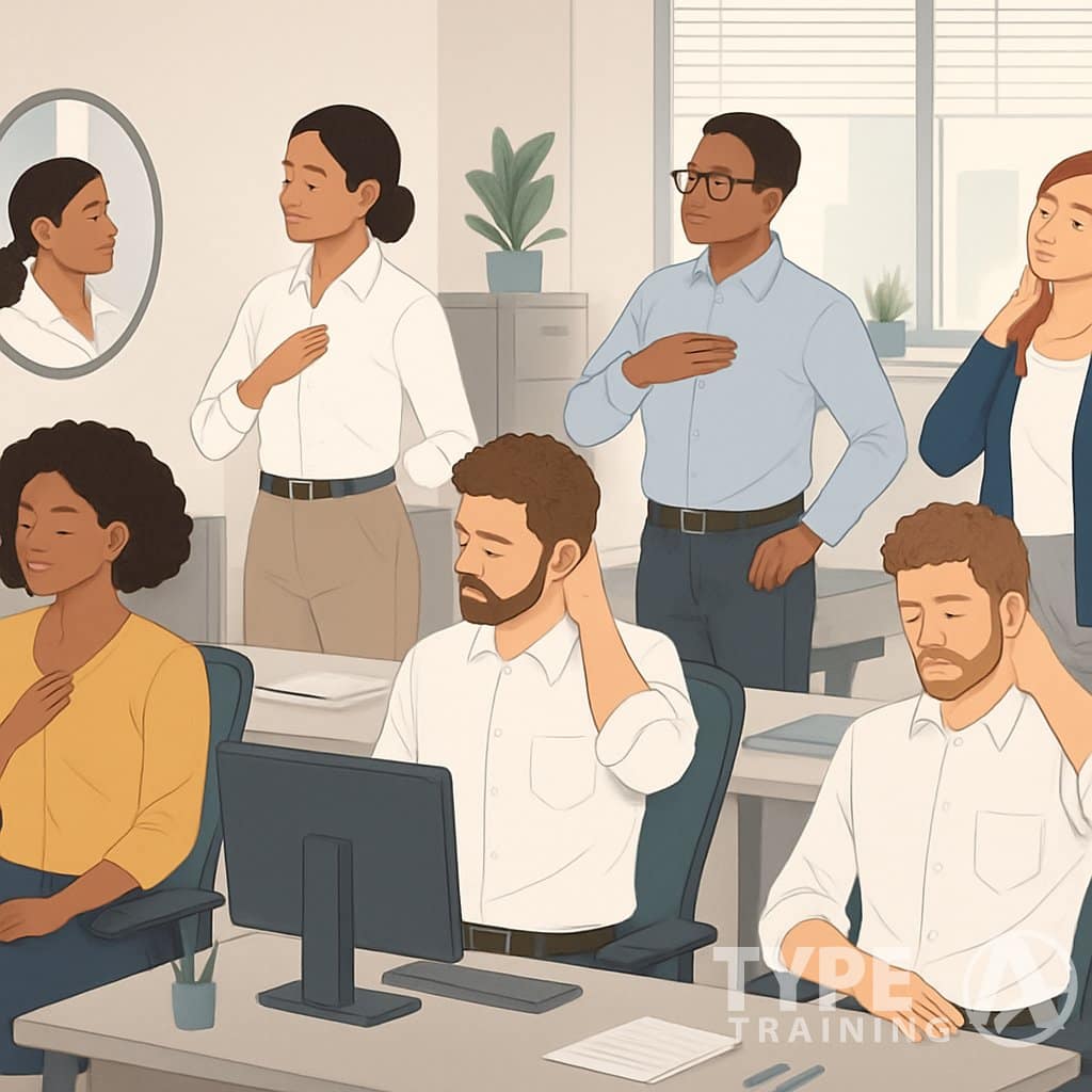 Several professionals in an office checking and adjusting their posture while working at their desks.