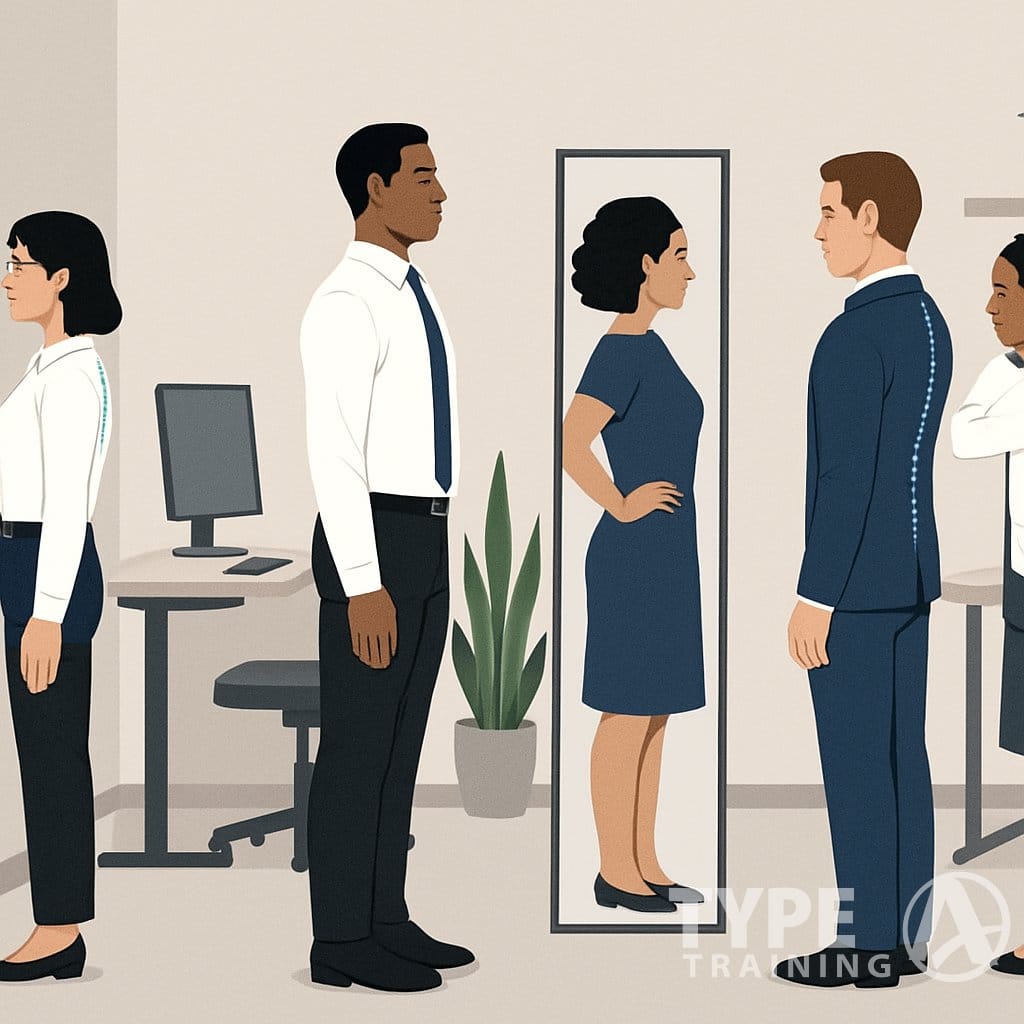 A group of professionals in an office performing quick posture self-assessment exercises to improve their posture.