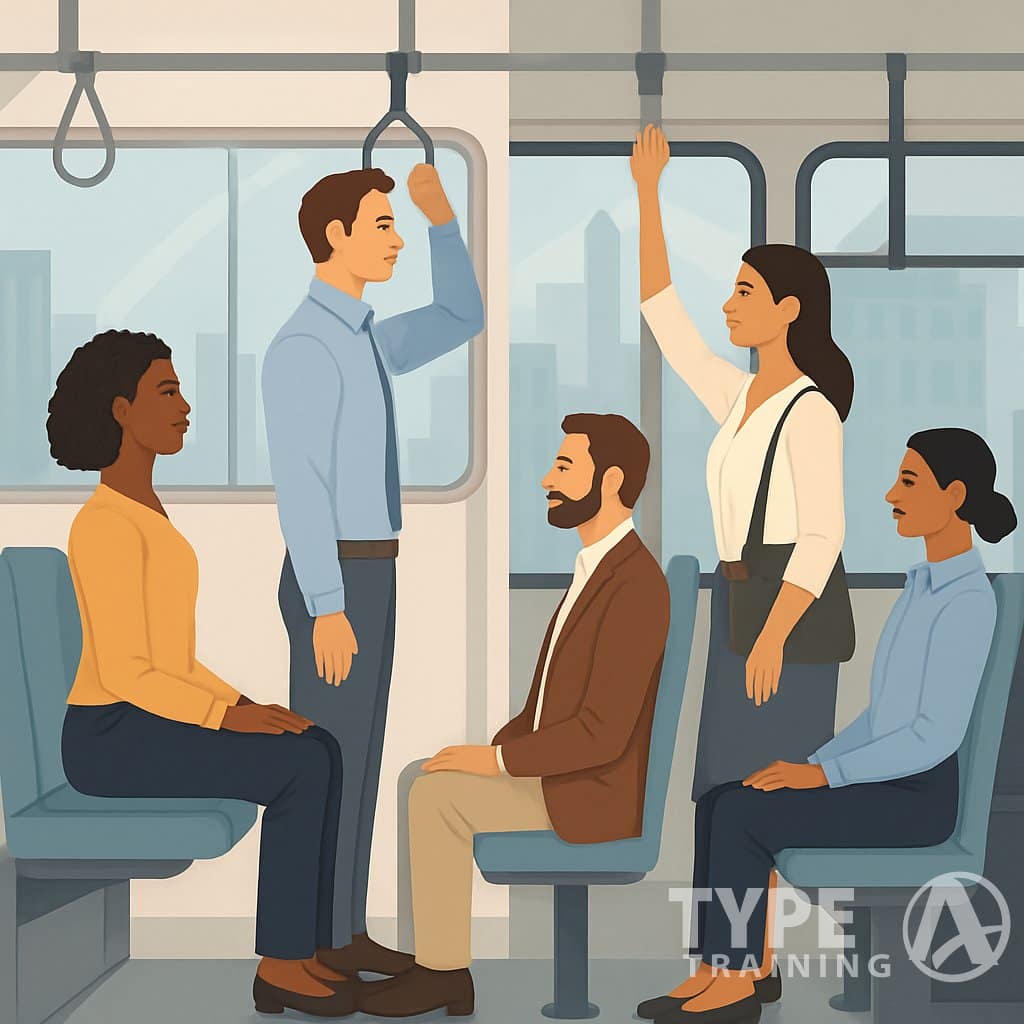 A group of commuters in a subway and bus maintaining good posture while traveling in a city setting.