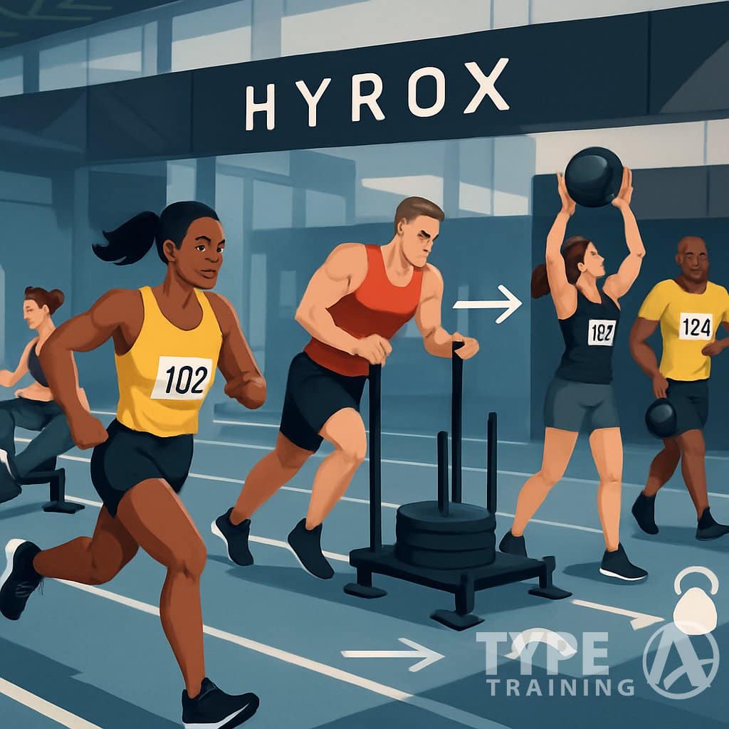 Athletes participating in a multi-station fitness race indoors, performing running, rowing, sled pushing, wall balls, and kettlebell carries in sequence.