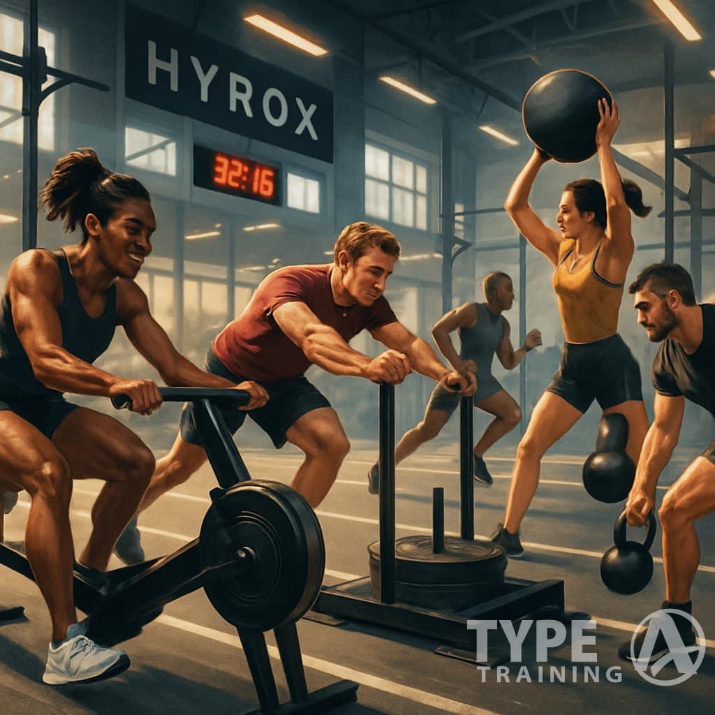 A group of athletes warming up and training with fitness equipment in a modern gym preparing for a competitive race.