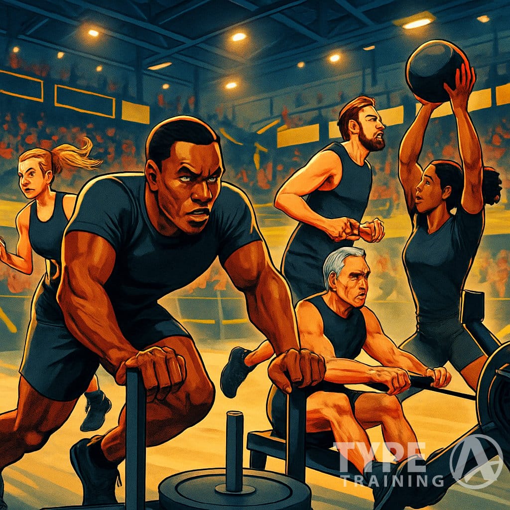 A group of diverse athletes competing in various fitness race activities inside an indoor arena with a cheering crowd.