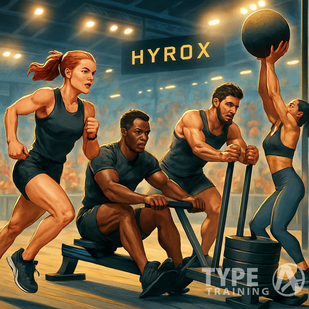 Athletes competing in a fast-paced fitness race inside a sports arena with spectators watching.