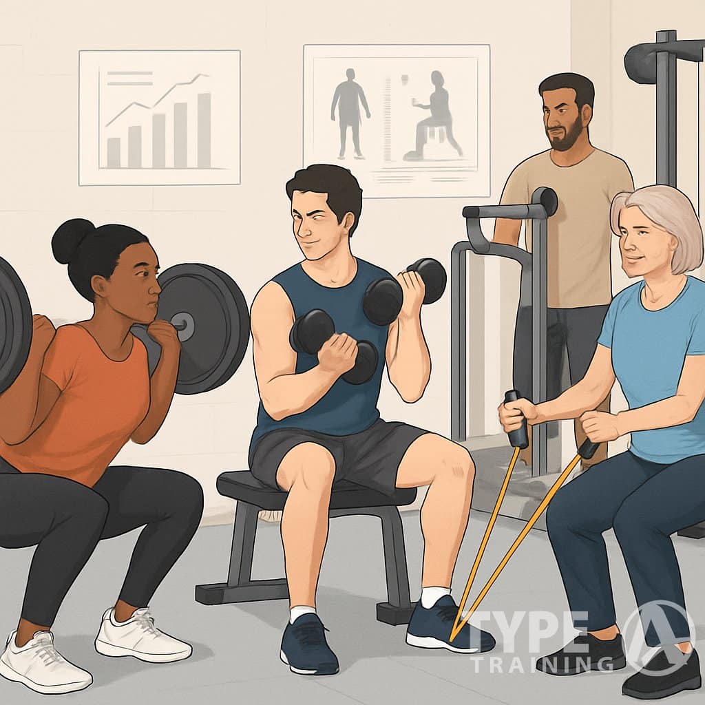 A group of diverse people exercising with weights and resistance bands in a gym setting.