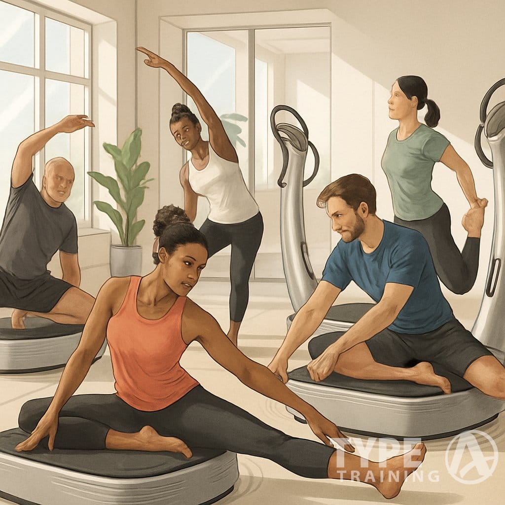 People performing stretching exercises on vibration platforms in a bright fitness studio.
