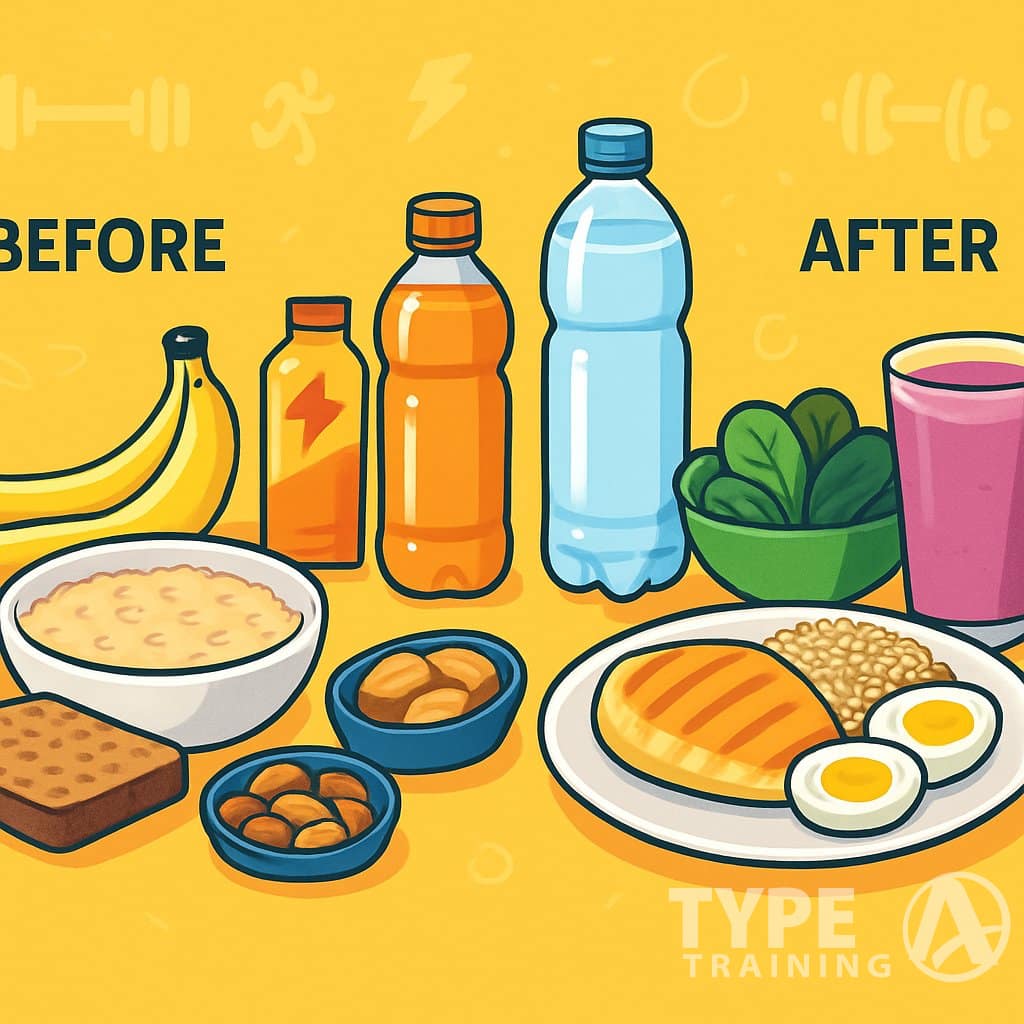 An illustration showing three sections of healthy foods to eat before, during, and after exercise, including fruits, grains, snacks, drinks, and protein-rich meals.