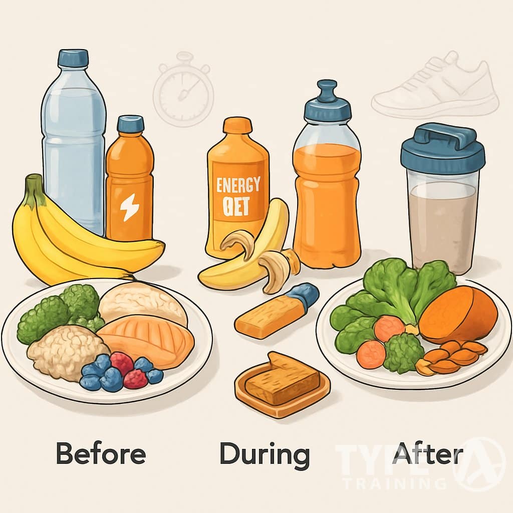 An illustration showing three stages of nutrition for athletes: before, during, and after exercise, featuring healthy foods and drinks arranged in separate sections.