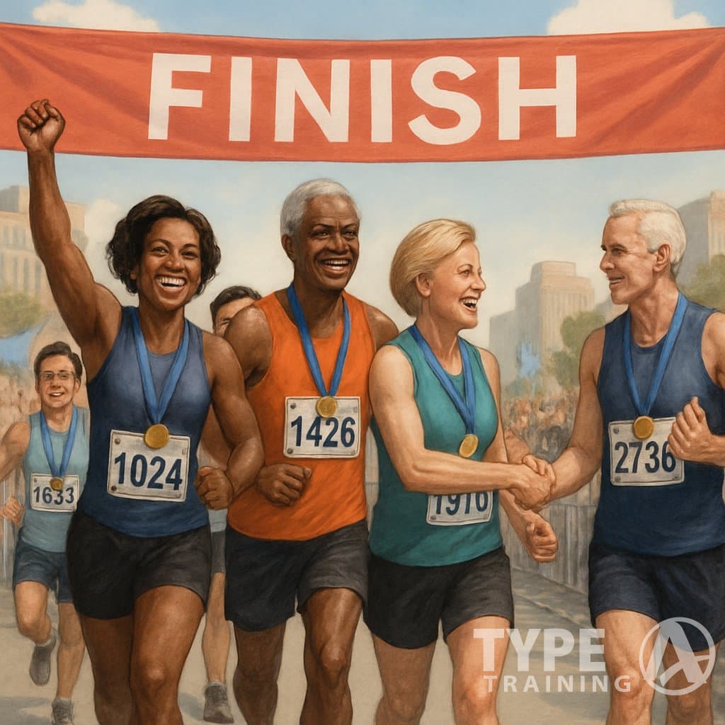 A group of diverse politicians crossing a marathon finish line, celebrating their achievement with medals and cheering crowds in a city setting.