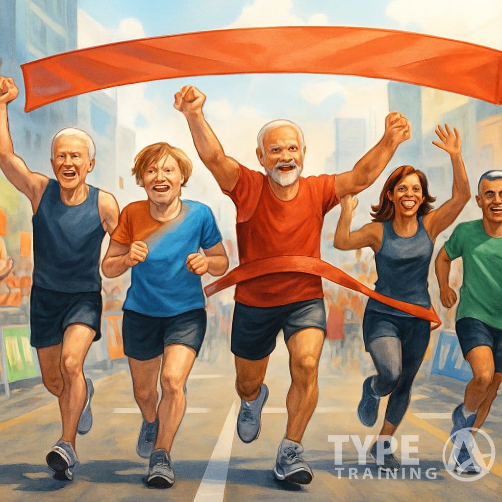 A group of diverse politicians running and crossing a marathon finish line together with cheering crowds and a city background.