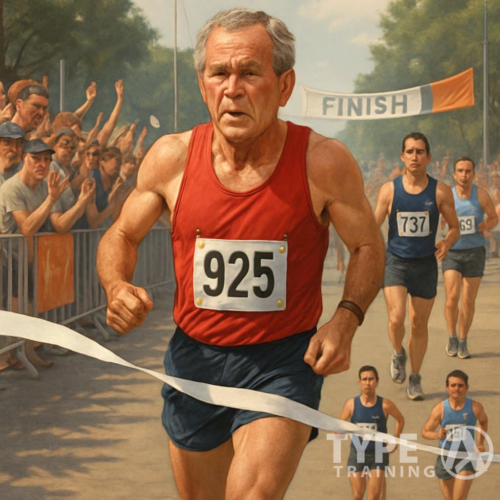 George W. Bush running across a marathon finish line with other runners and cheering spectators in the background.