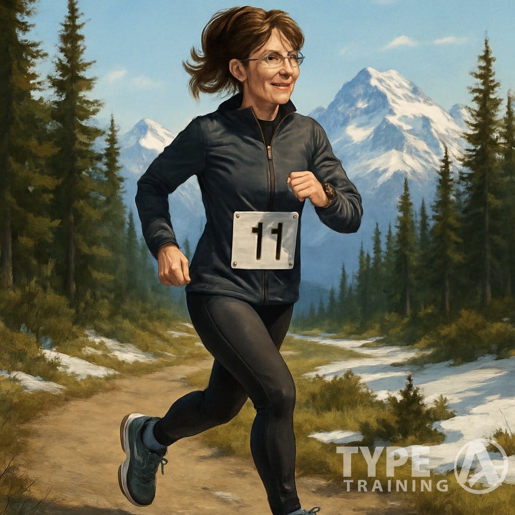 Sarah Palin running on a snowy Alaskan trail with mountains and pine trees in the background.