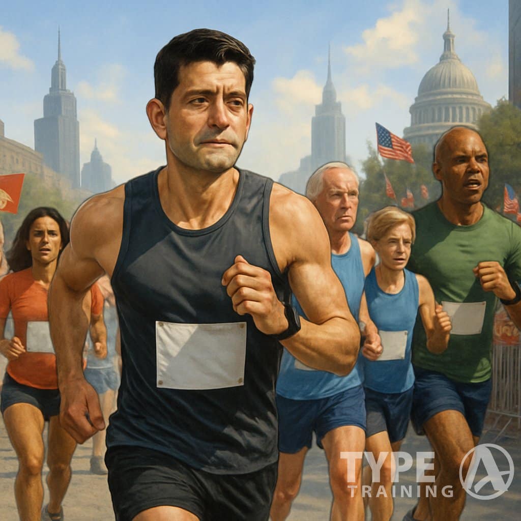 A group of politicians running a marathon through a city street with cheering crowds and urban landmarks in the background.