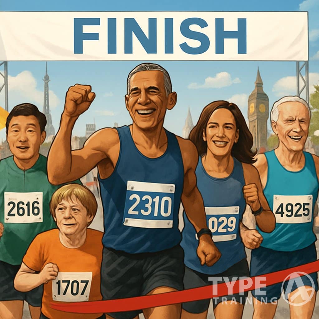 A group of politicians in running clothes crossing a marathon finish line with cheering spectators and city landmarks in the background.