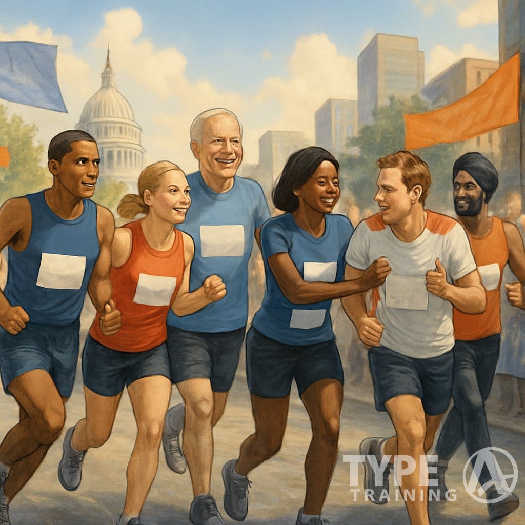 A group of diverse politicians running a marathon through a city with cheering crowds and urban landmarks in the background.
