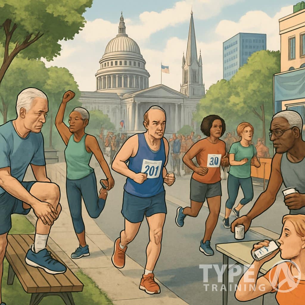 A group of politicians running and training for a marathon along a city route with supporters cheering, stretching, and hydrating near a park and government buildings in the background.