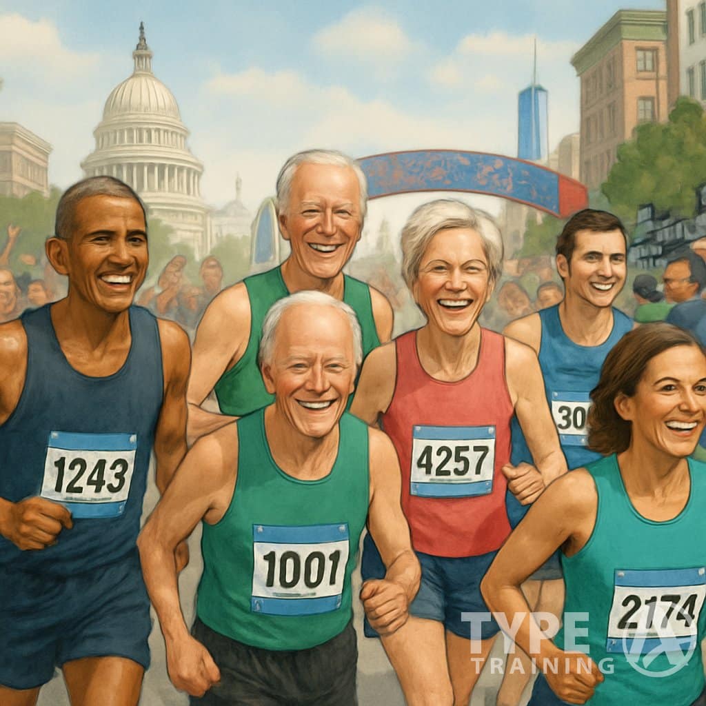 A group of politicians running in a marathon race through a city street with spectators watching and photographers taking pictures.