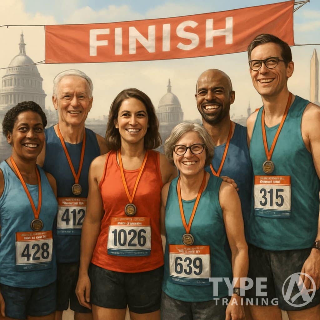 A group of diverse politicians wearing running gear and medals standing together near a marathon finish line in front of government buildings.