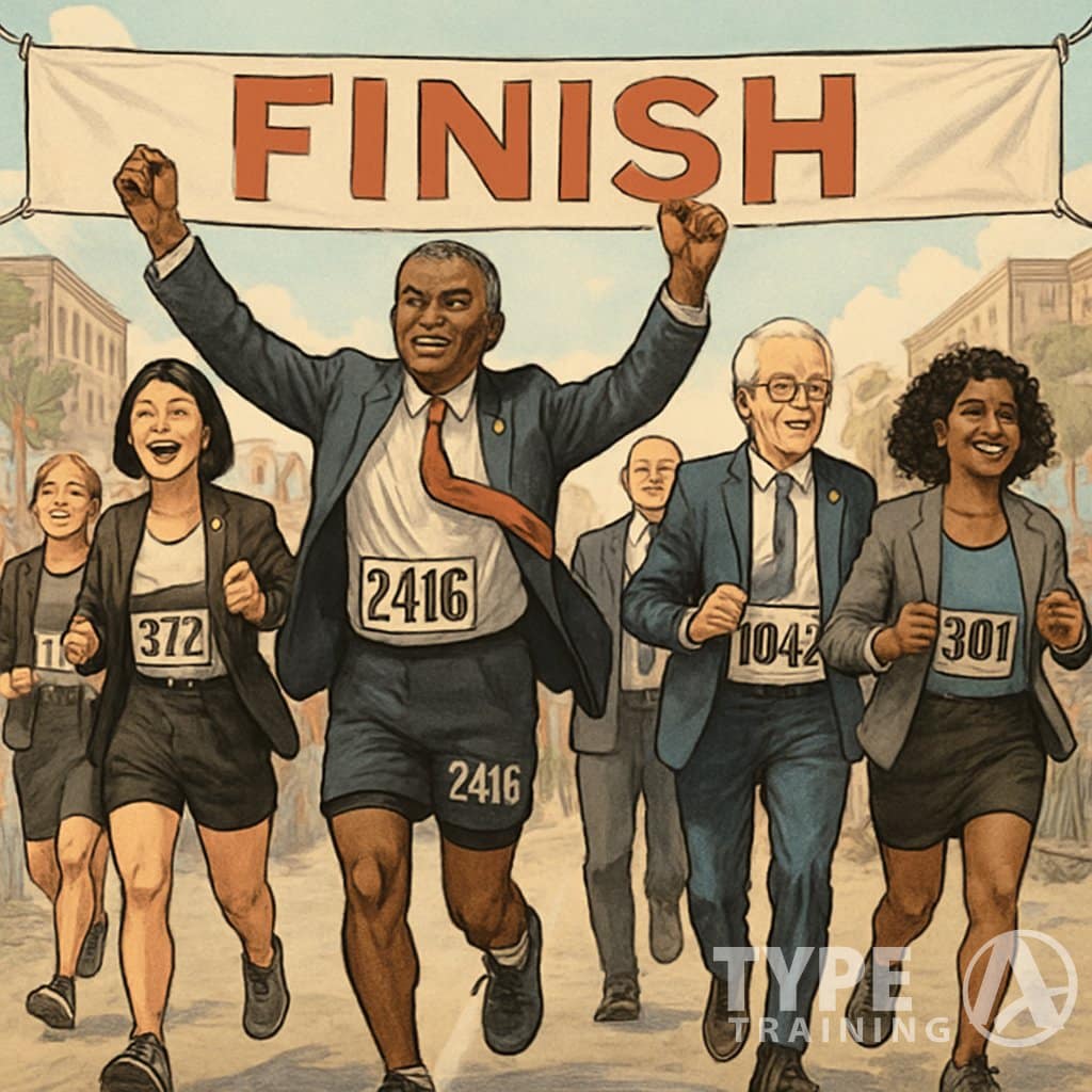 A group of diverse politicians crossing a marathon finish line with proud expressions and cheering crowds in the background.