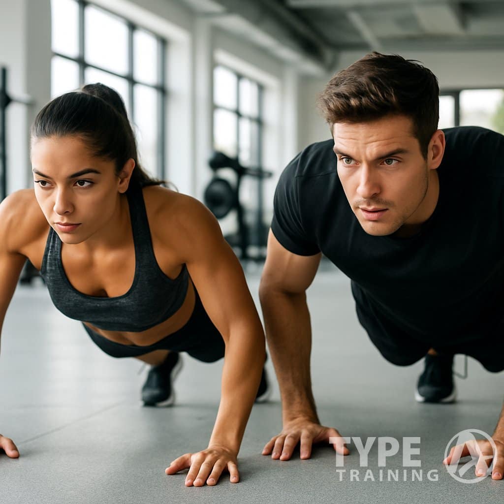 A man and woman doing push-ups together in a bright gym, showing strong muscles and proper exercise form.