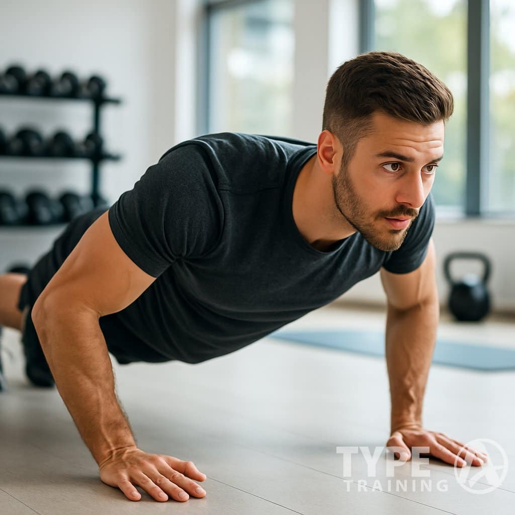 A fit young man doing push-ups in a bright gym with exercise equipment in the background.