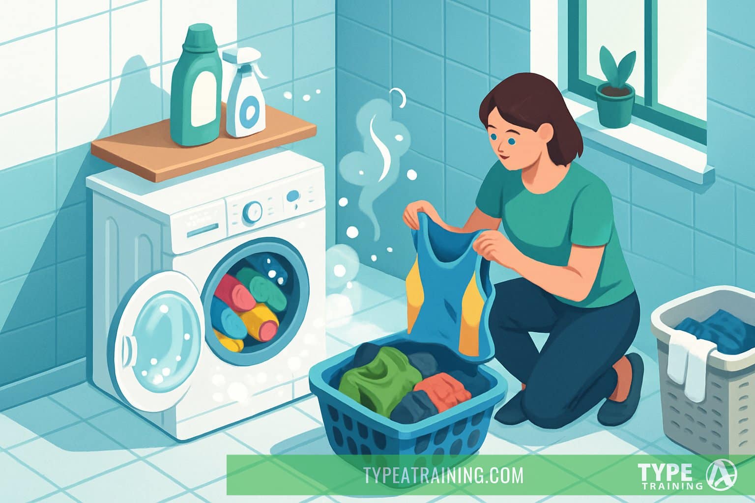 A person sorting sweaty workout clothes next to a washing machine with detergent and a laundry basket in a bright laundry room.