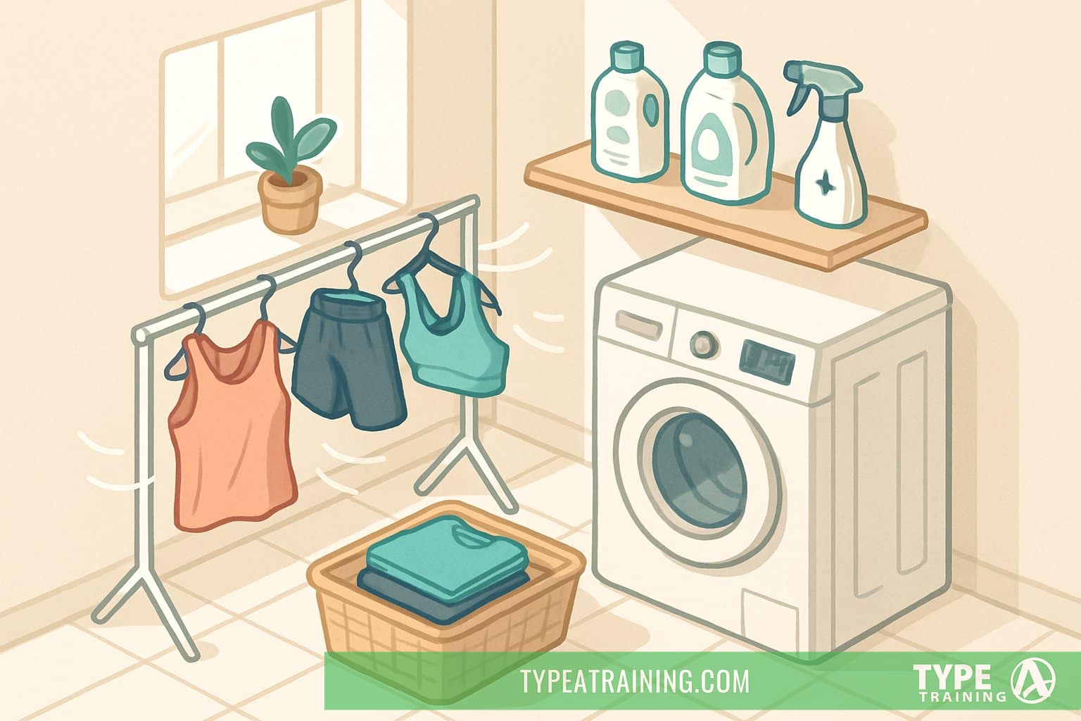 A laundry area with workout clothes hanging on a drying rack and folded in a basket, next to a washing machine and cleaning supplies.