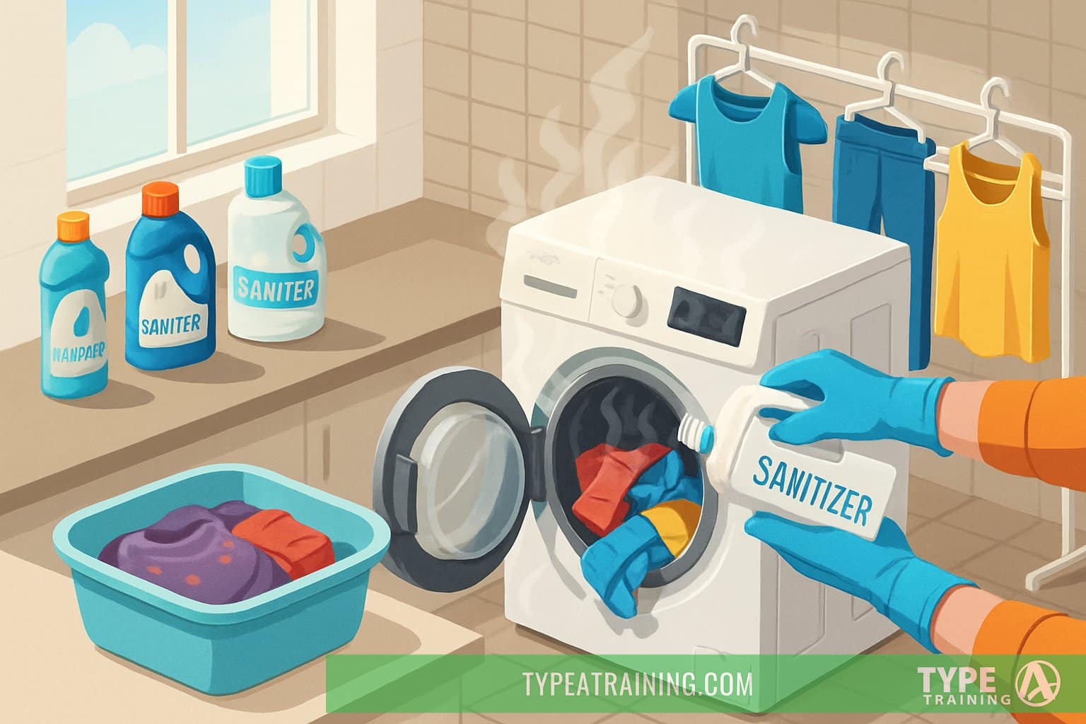 A person deep cleaning and sanitizing workout clothes in a laundry room with a washing machine, detergent bottles, and fresh clothes drying on a rack.