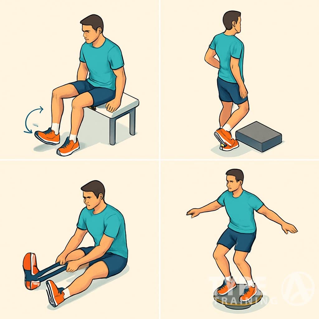 Four runners each performing a different ankle-strengthening exercise: ankle circles seated on a bench, calf raises on a step, resistance band foot pull, and balancing on a wobble board.
