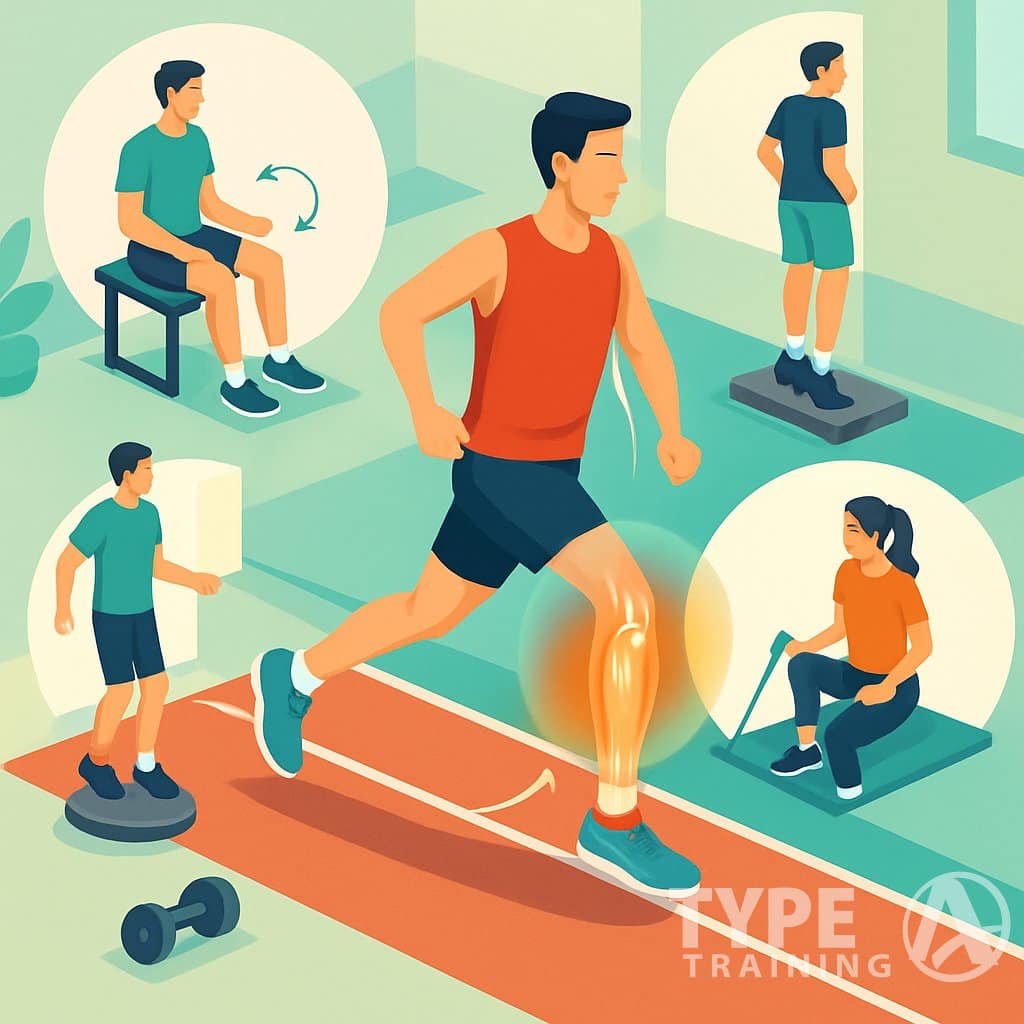 An isometric illustration showing a runner on a track with highlighted ankles and four surrounding scenes of people performing different ankle-strengthening exercises.