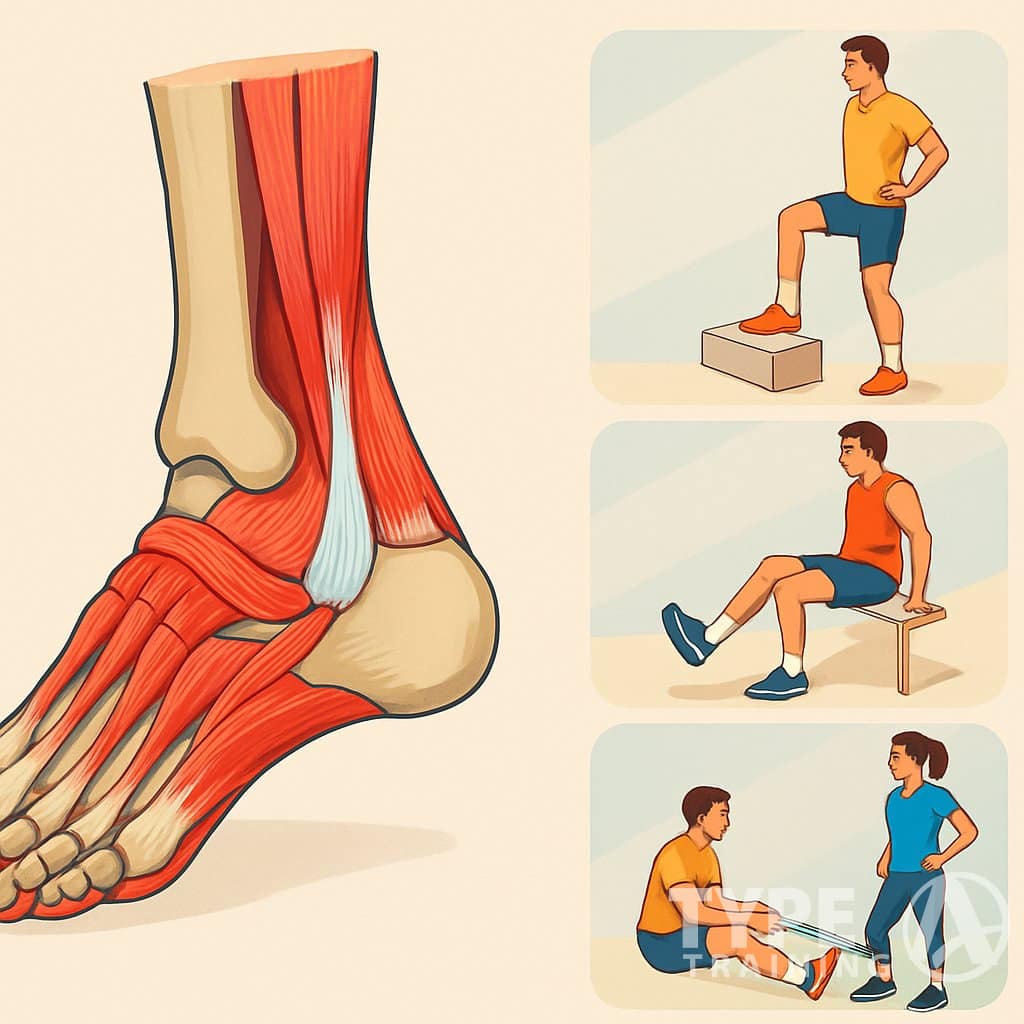 A detailed illustration showing the anatomy of the human ankle alongside four different exercises demonstrating ankle strengthening for runners.