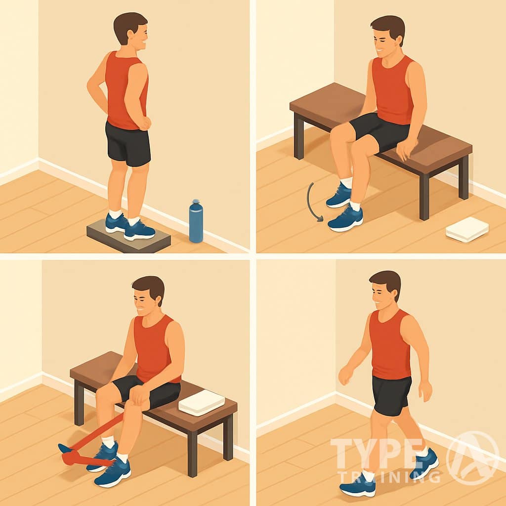 Four runners performing different ankle-strengthening exercises in an indoor gym, each demonstrating proper form in separate sections.