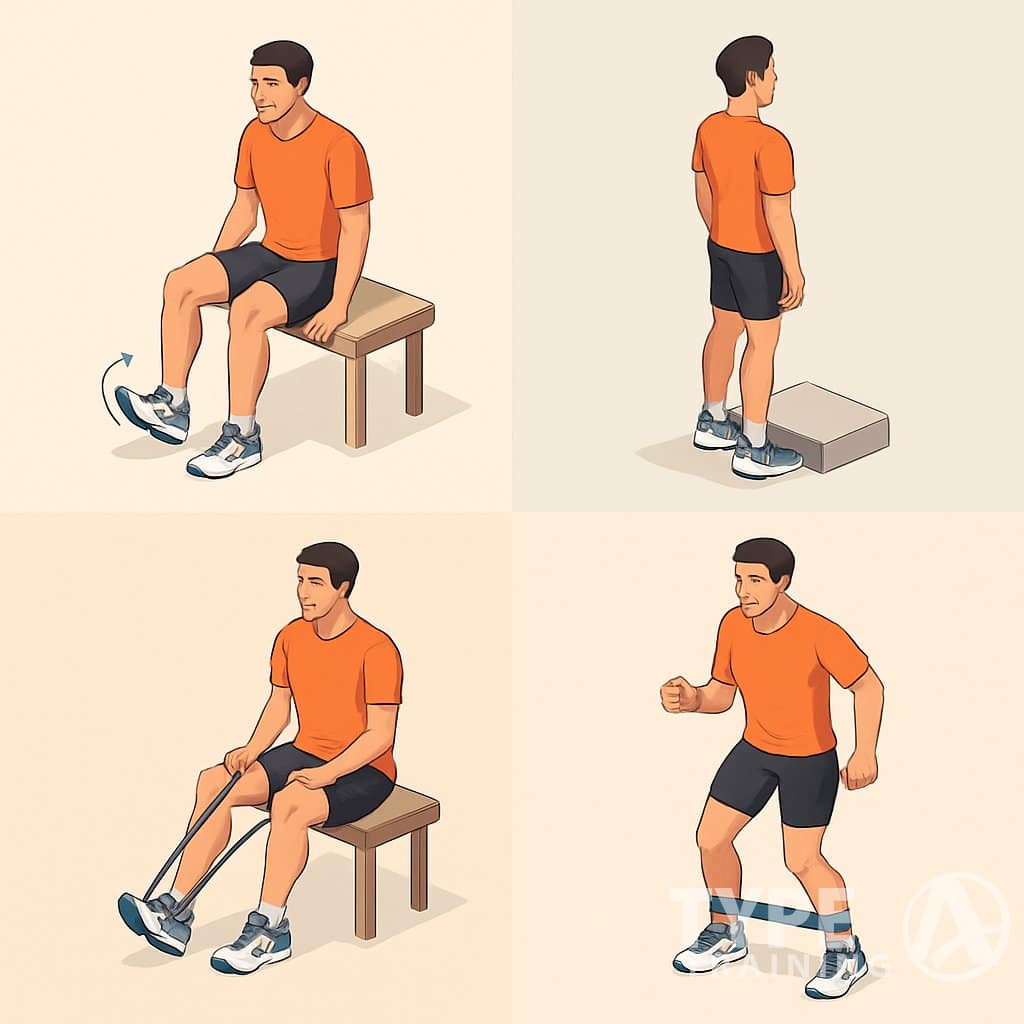 Four runners performing different ankle-strengthening exercises, including ankle circles, heel raises, resistance band dorsiflexion, and lateral walks, shown from an angled top-down view.