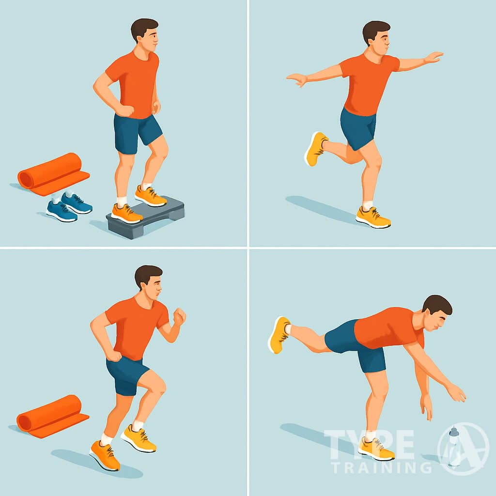 Four runners each performing a different single-leg exercise to strengthen ankles and improve balance, shown from an angled top-down view.