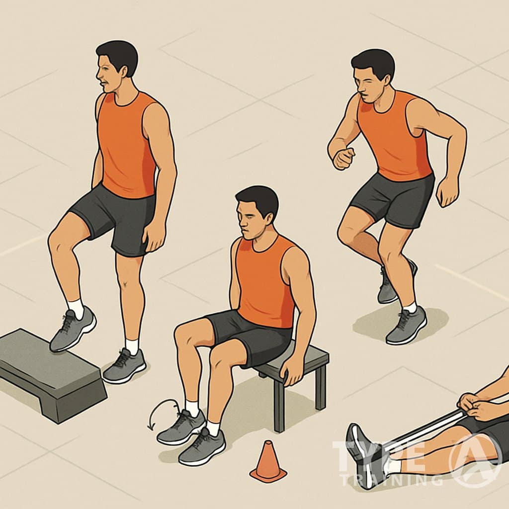 Four runners performing different ankle-strengthening exercises, each in their own section, including calf raises, ankle circles, lateral hops, and resistance band exercises.