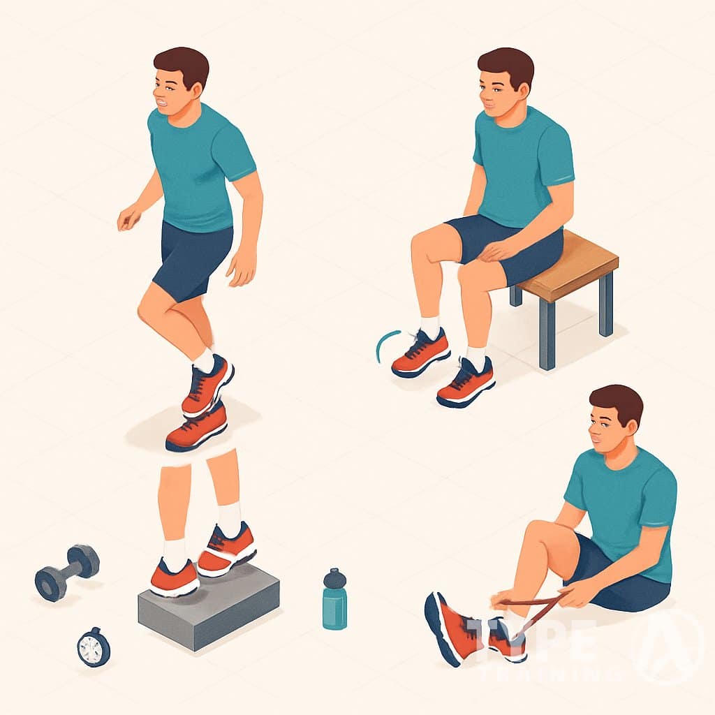 Four runners demonstrating different ankle-strengthening exercises including balancing on one foot, ankle circles, heel raises on a step, and resistance band foot pulls, shown from an angled overhead view.