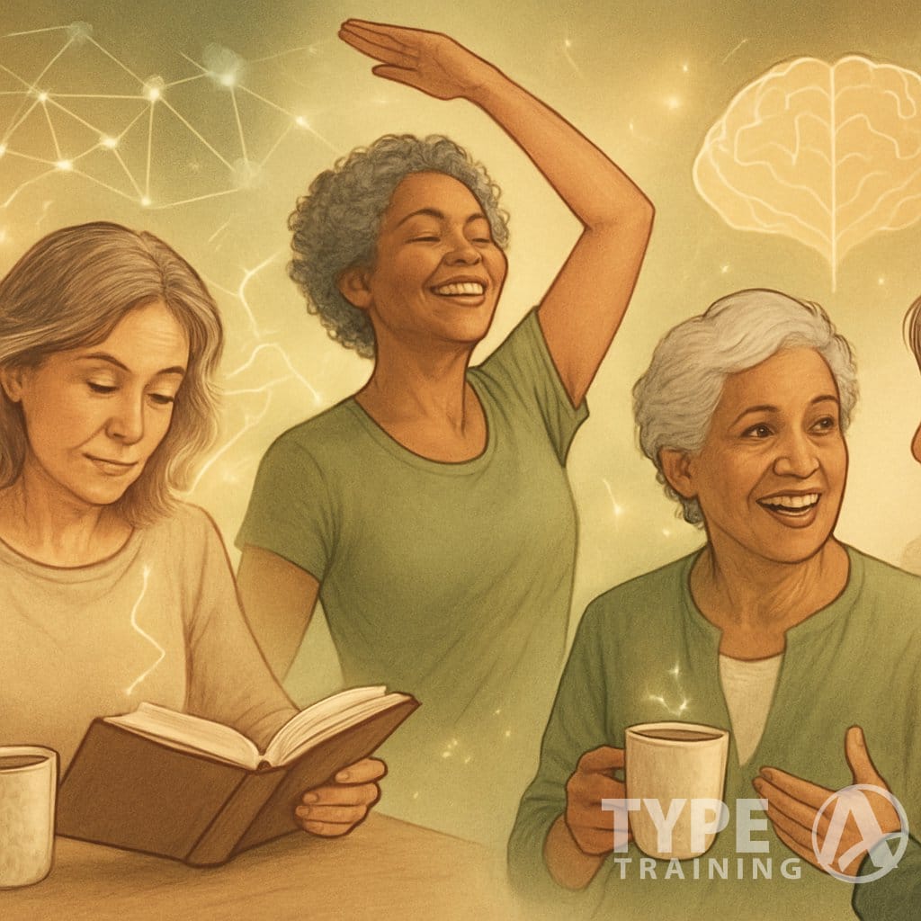A group of older women enjoying coffee while reading, exercising, and socializing, surrounded by subtle scientific symbols representing brain health and vitality.