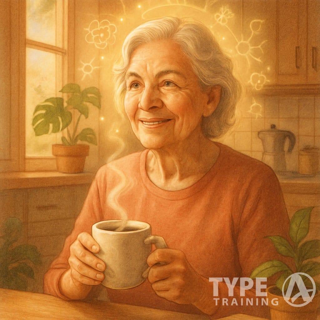 An older woman happily drinking coffee in a cozy kitchen, surrounded by symbols of mental clarity and vitality.