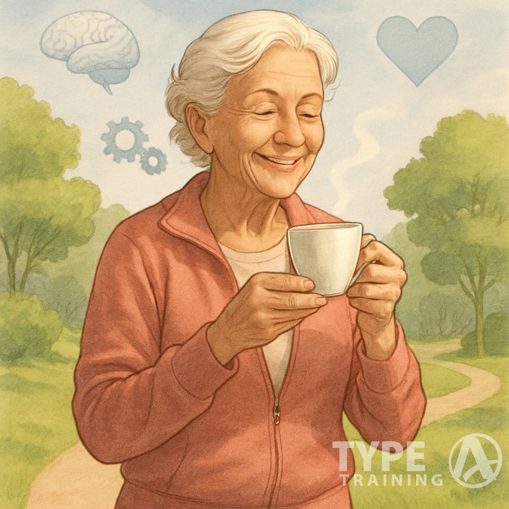 An elderly woman happily drinking coffee in a sunny park, surrounded by symbols representing brain health and physical activity.