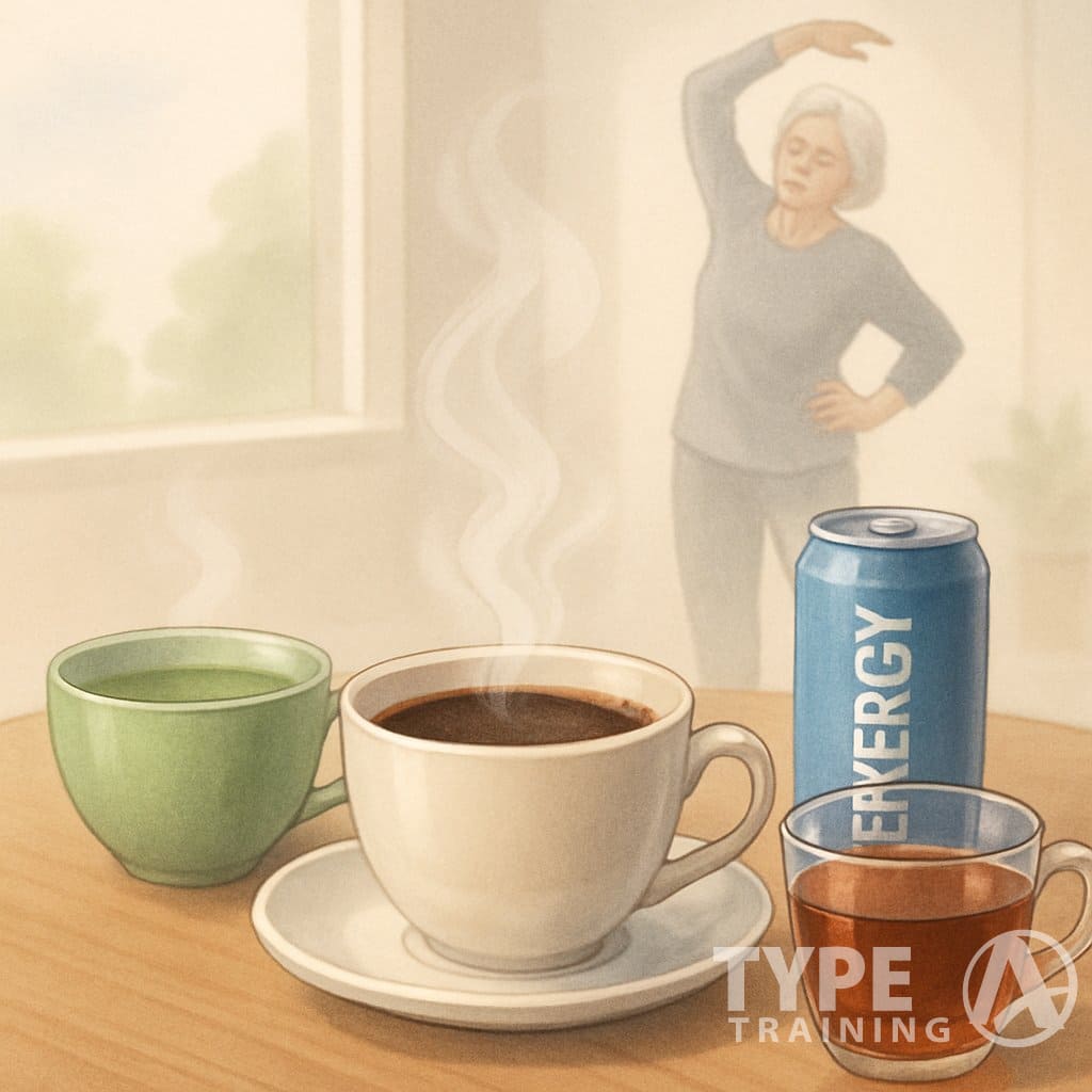 A table displaying coffee, green tea, energy drink, and black tea with a faint image of an elderly woman exercising in the background.
