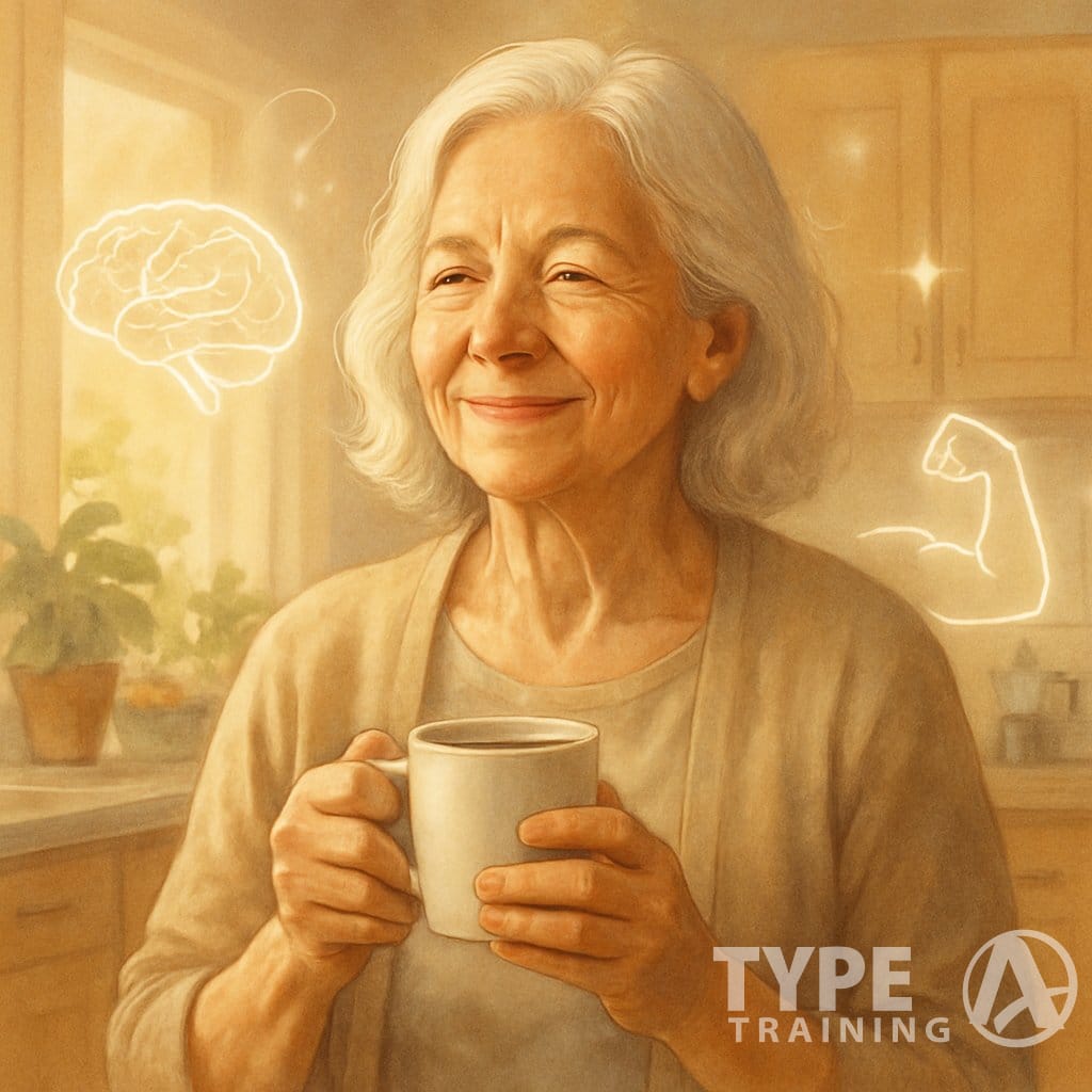 An elderly woman enjoying a cup of coffee in a bright kitchen, looking healthy and content.