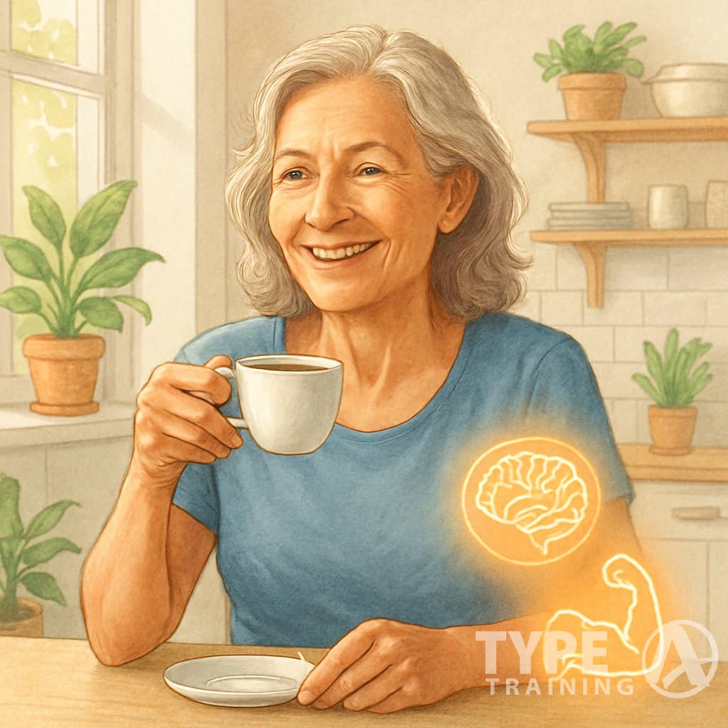 An older woman happily drinking coffee in a bright kitchen, surrounded by symbols representing brain and physical health.