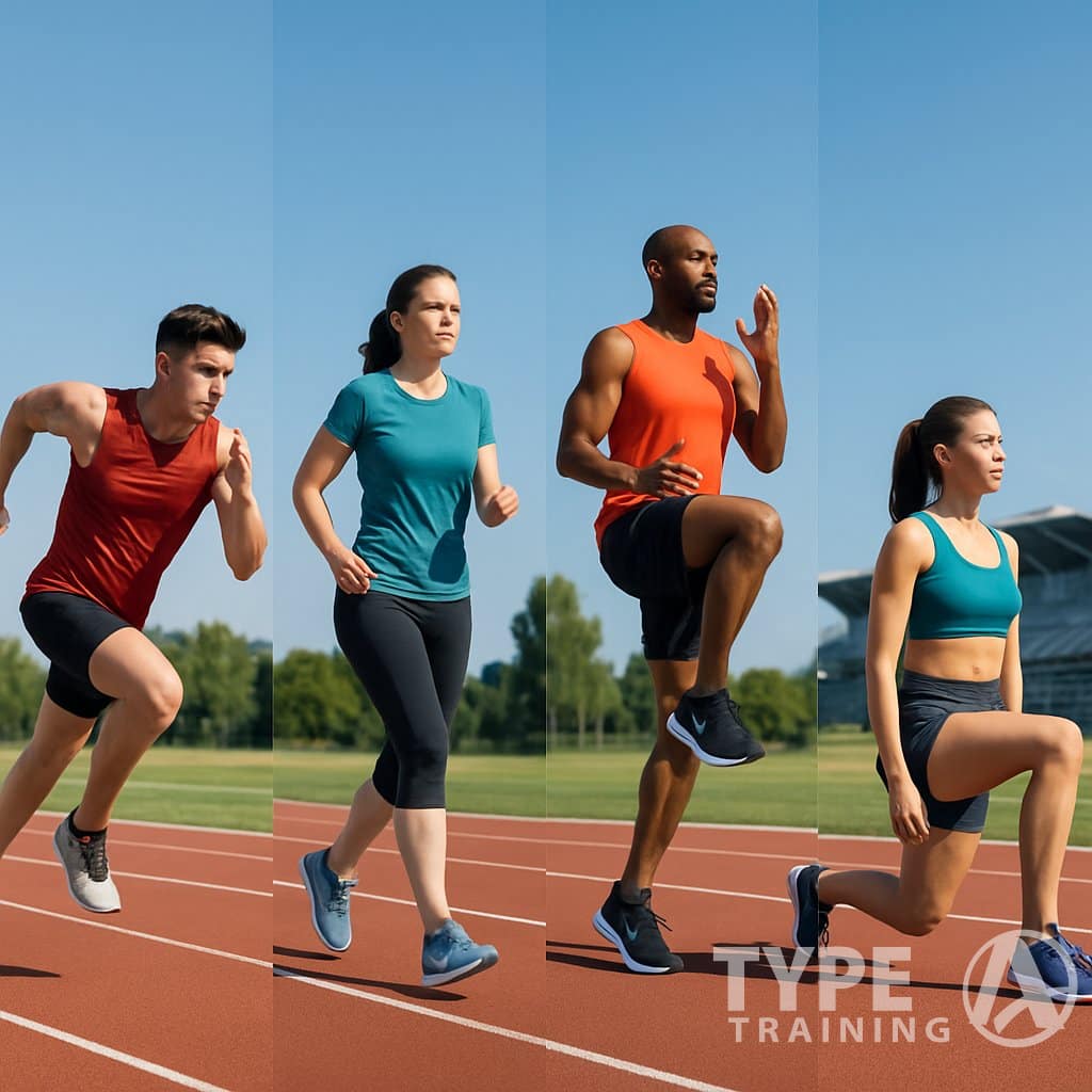 Four athletes performing different interval running exercises on an outdoor track with trees and a stadium in the background.