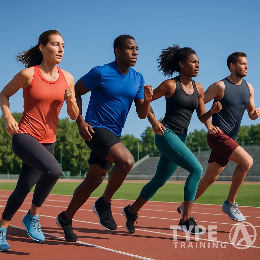 A group of runners on an outdoor track alternating between sprinting and jogging during a sunny day.